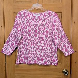 Chico's IKat Top Sz 3 XL V-neck 3/4 Sleeve Blouse Purple White Pima Cotton Comfy